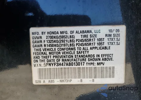 2010 Honda Pilot Ex из США, поврежденный, VIN 5FNYF3H47AB013017